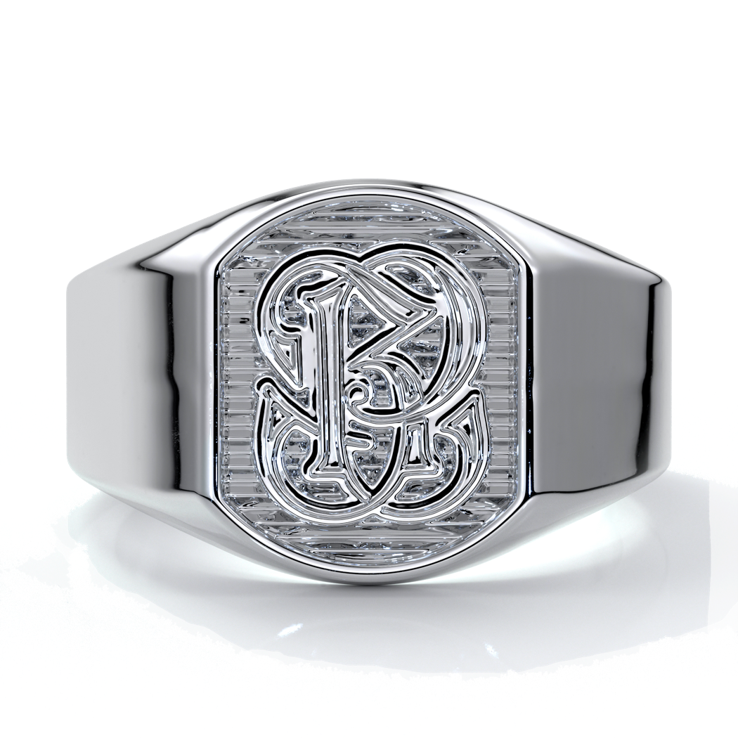 White gold men’s wedding ring with crest design