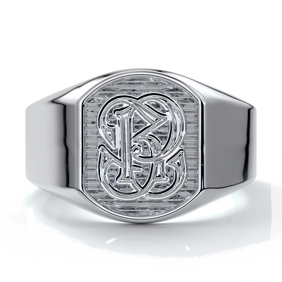 White gold men’s wedding ring with crest design