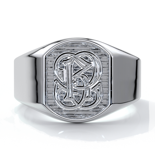 White gold men’s wedding ring with crest design