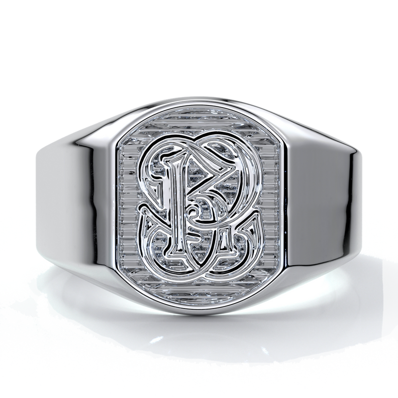 White gold men’s wedding ring with crest design