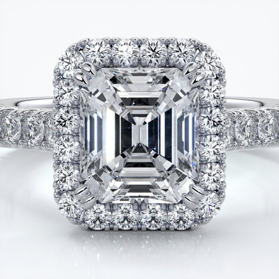 Pearl Engagement ring emerald diamond halo cathedral diamo band 18ct white gold