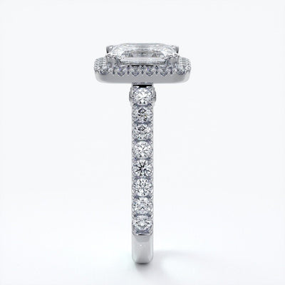 Pearl Engagement ring emerald diamond halo cathedral diamo band 18ct white gold