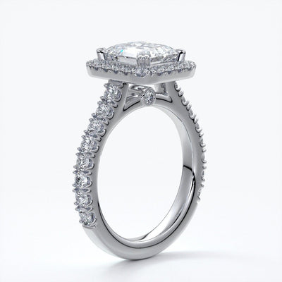 Pearl Engagement ring emerald diamond halo cathedral diamo band 18ct white gold