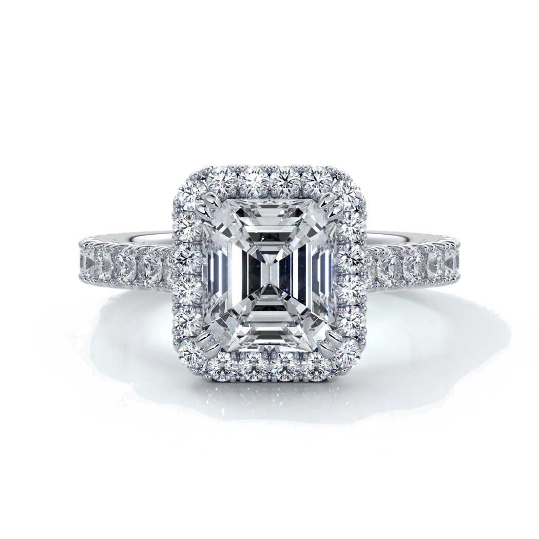 Platinum eighteen carat halo diamond ring, with cathedral setting in white gold