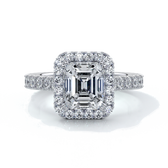 Platinum eighteen carat halo diamond ring, with cathedral setting in white gold