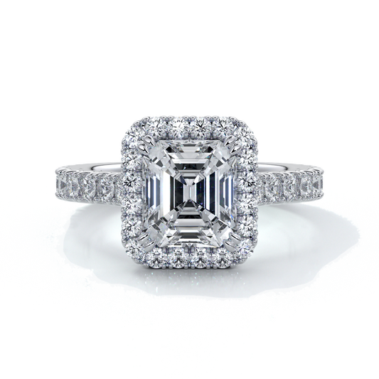 Platinum eighteen carat halo diamond ring, with cathedral setting in white gold