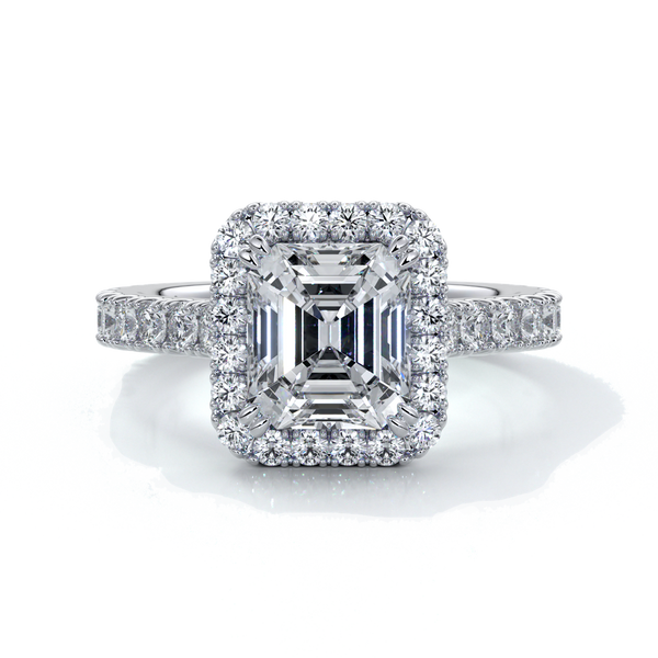 Platinum eighteen carat halo diamond ring, with cathedral setting in white gold