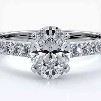 Penelope Engagement ring oval diamond 4 claw cathedral diamond band 18ct white gold