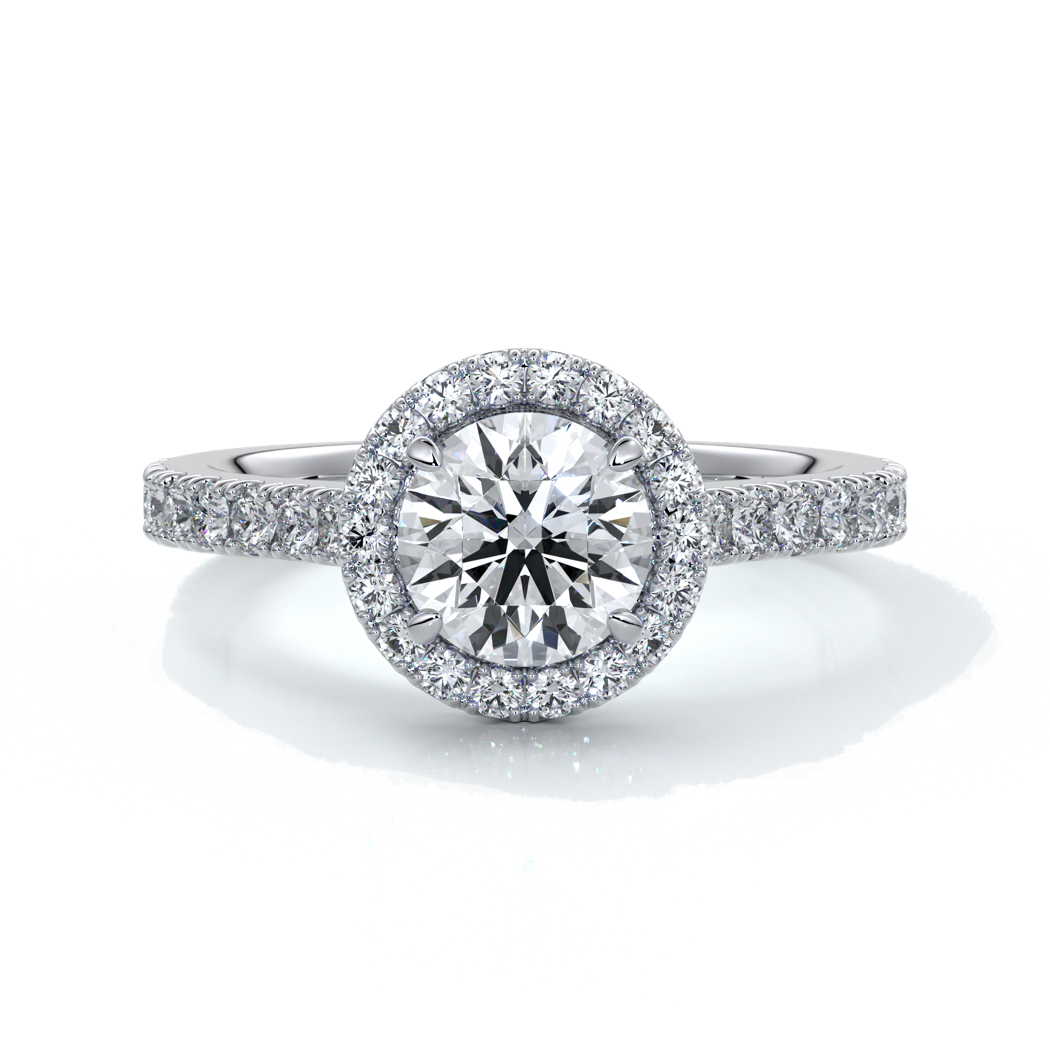 Platinum ring with a one and a half carat round diamond secured in four claws with a halo setting around the center diamond
