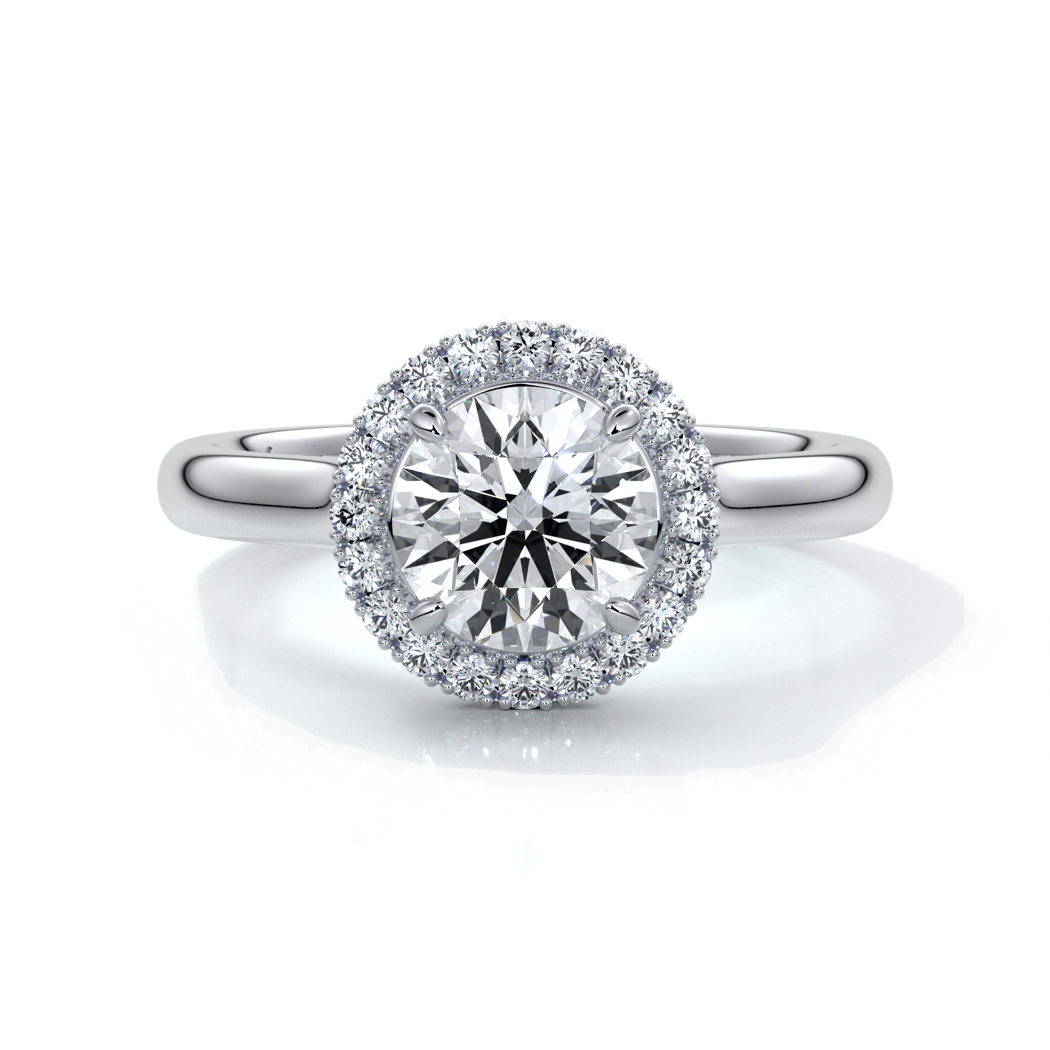 one carat round cut diamond with halo enhanced in a cathedral setting. Set in platinum